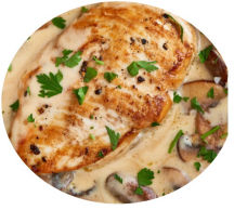 Paneils Style Chicken in a garlic, mushroom and cream sauce.